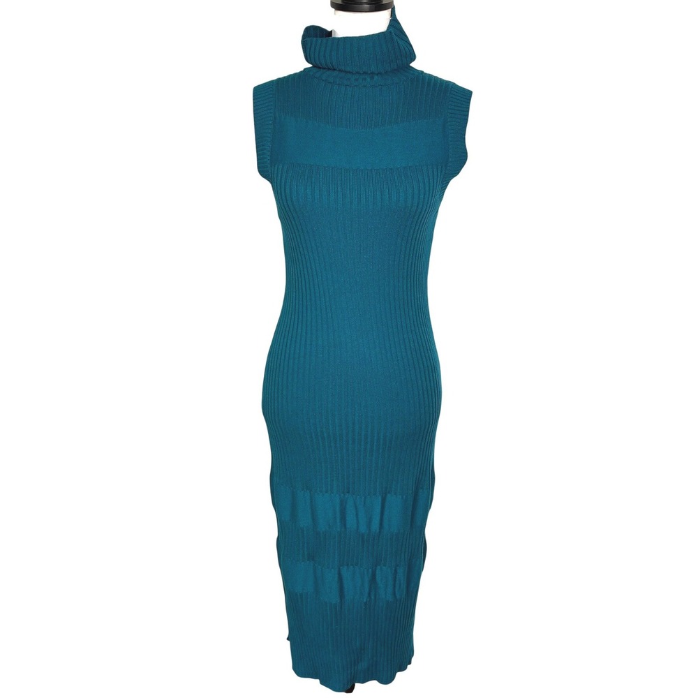 THE LIMITED NWT Womens XS Teal Blue Sleeveless Turtleneck Ribbed Wool Midi Dress